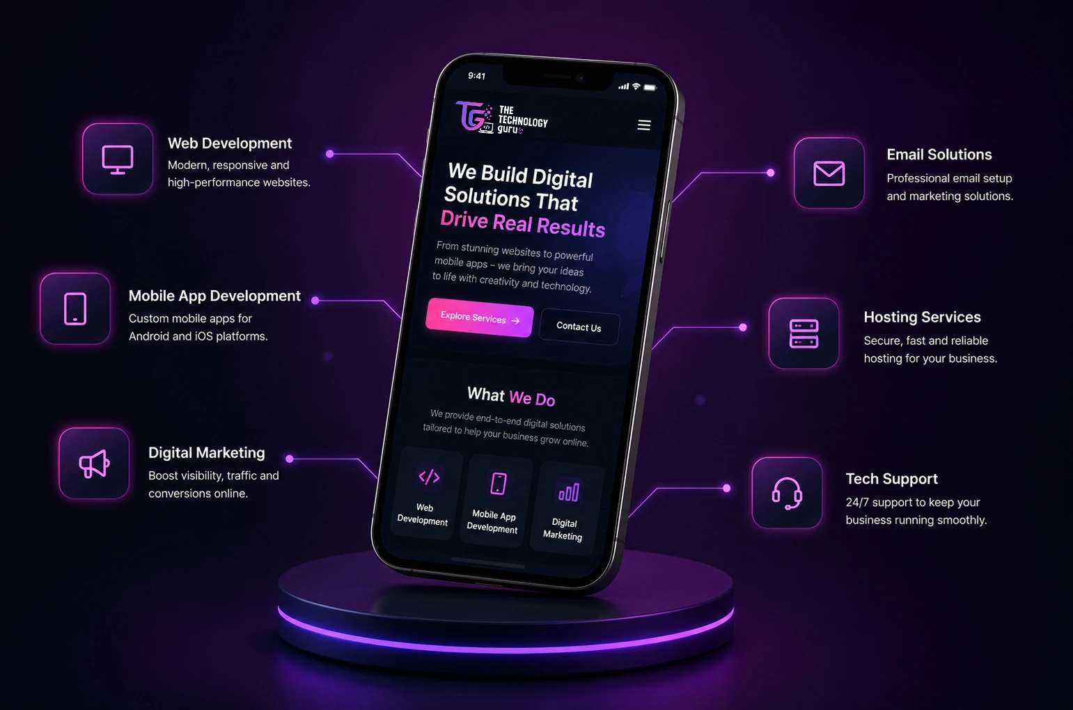 Technology Guru services showcase with mobile app and connected business solutions
